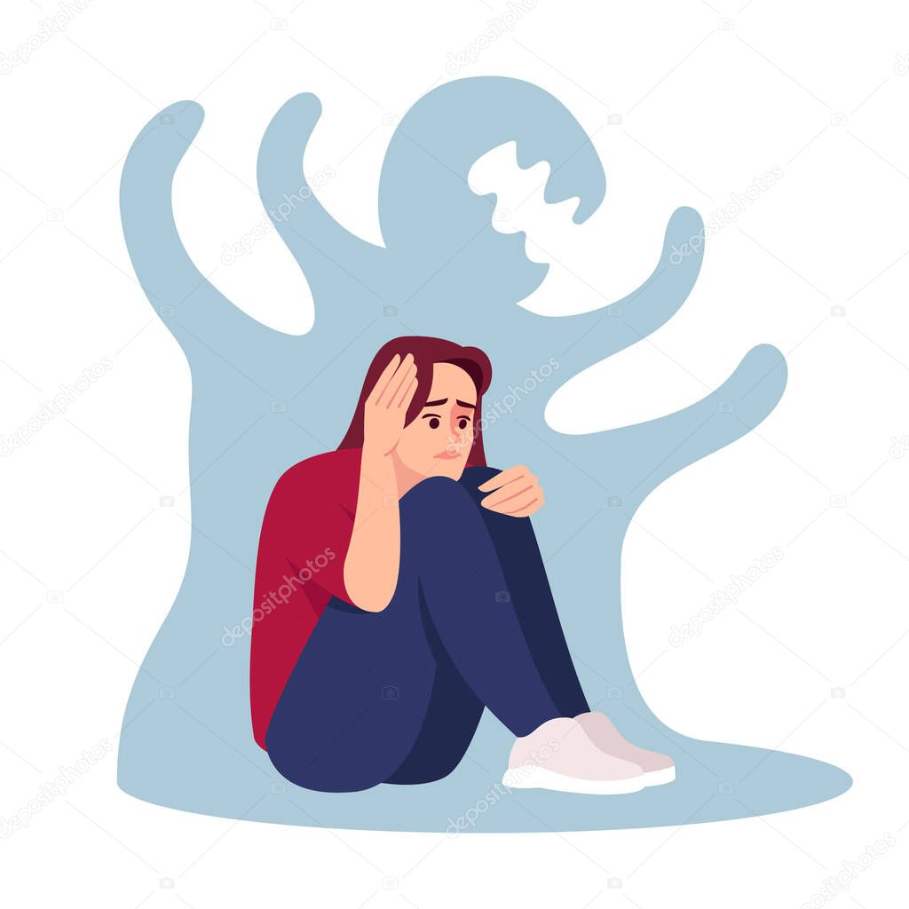 Girl with schizophrenia semi flat RGB color vector illustration. Stressed woman isolated cartoon character on white background. Emotional pressure, mental disorder. Depressed girl with anxiety