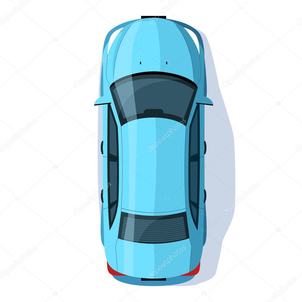 Blue sedan semi flat RGB color vector illustration. Transport for road trip. Hatchback automobile on city street. Personal vehicle isolated cartoon object top view on white background