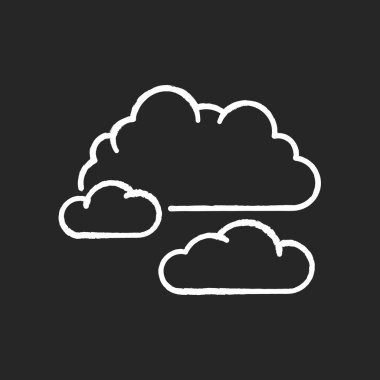 Siyah arkaplanda bulutlu hava tebeşiri beyaz simgesi. Bulutlu, karamsar gökyüzü, meteor tahmini. Atmosfer durumu tahmin bilimi, meteoroloji. İzole edilmiş vektör karatahta resimlemesini bulutlandırır