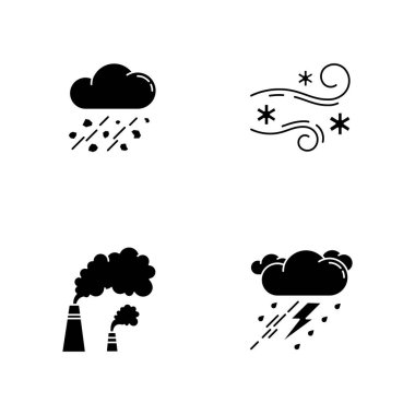 Kötü hava tahmini siyah kabartma sembolleri beyaz uzaya ayarlandı. Meteoroloji, atmosfer koşulları siluet sembolleri. Dolu, esen kar, duman ve fırtına. Vektör izole illüstrasyonu