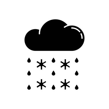 Yoğun kar, yağışlı siyah sembol. Kış hava tahmini, beyaz uzayda meteoroloji silueti sembolü. Atmosferik yağış. Kar taneli bulutlar ve yağmur damlaları vektör izole resimleme