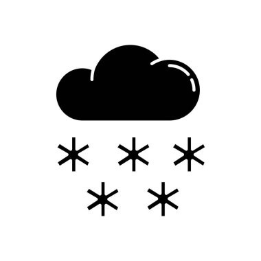 Kar siyah kabartma simgesi. Meteorolojik hava tahmini, kışın hava tahmini beyaz uzayda siluet sembolü. Mevsimsel atmosferik yağış. Kar taneli bulut vektör izole çizimi