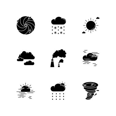 Meteoroloji siyah kabartma sembolleri beyaz uzaya dizilmiş. Hava tahmini bilim, çevresel durum tahmini siluet sembolleri. Nem, atmosferik yağış. Vektör izole illüstrasyonu