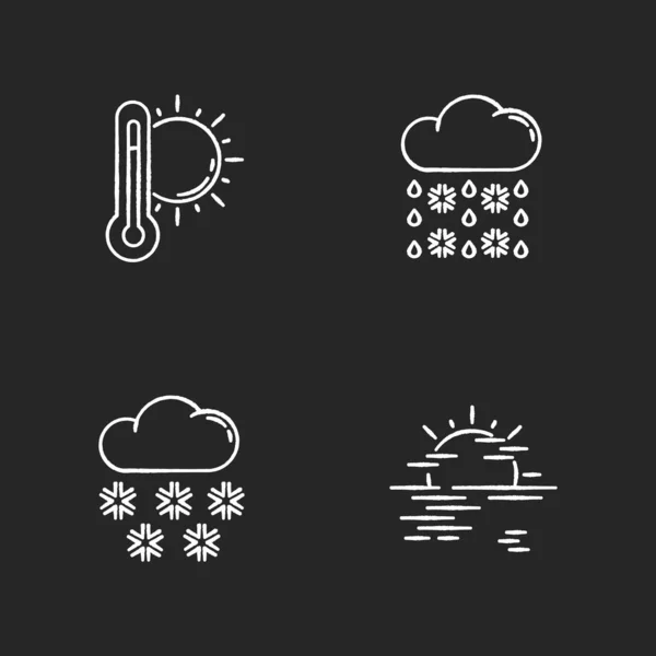 Temperatura Precipitazioni Previsioni Gesso Icone Bianche Impostate Sfondo Nero Previsioni — Vettoriale Stock