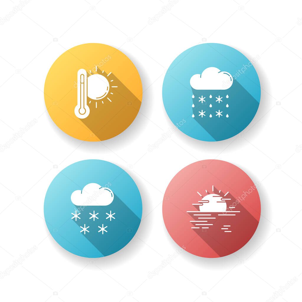 Temperature and precipitation forecast flat design long shadow glyph icons set. Seasonal weather prediction. Summer heat, snow, winter sleet and haze. Silhouette RGB color illustration