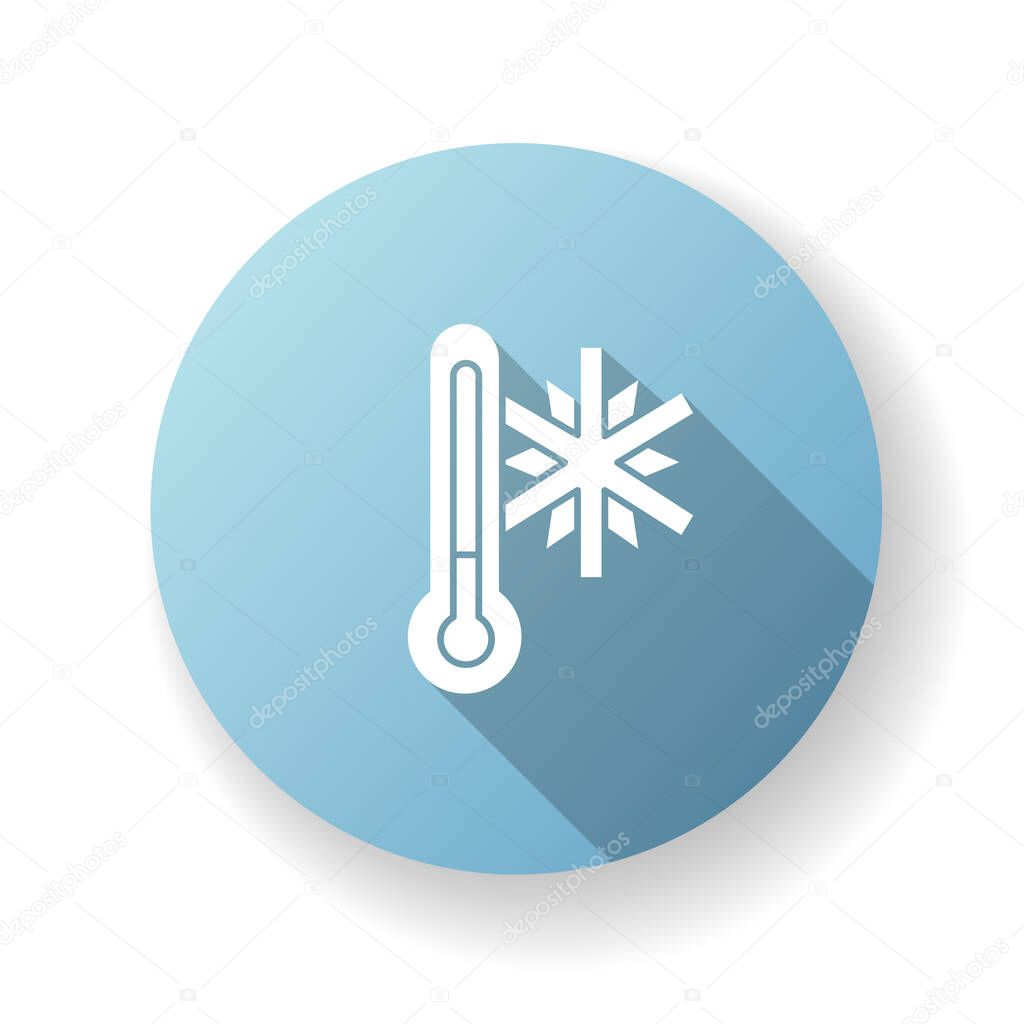 Frigid temperature blue flat design long shadow glyph icon. Winter frost, cold seasonal weather forecast, meteorological prediction. Thermometer with snowflake silhouette RGB color illustration