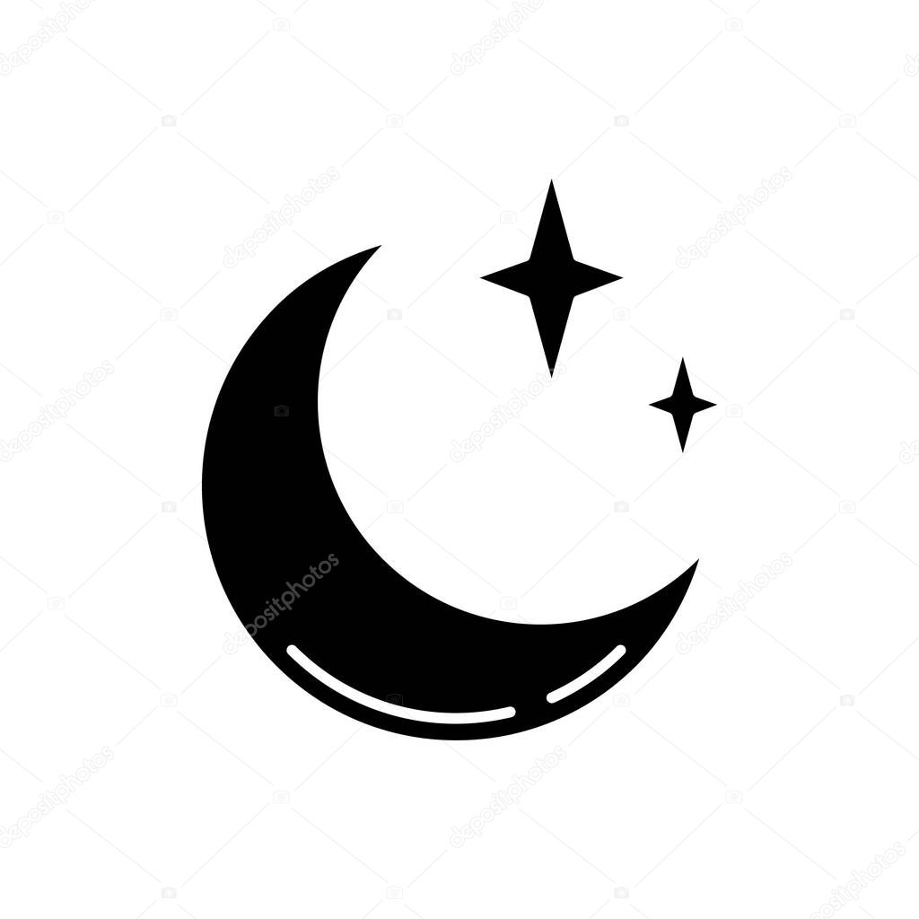 Clear night sky black glyph icon. Meteorology, weather forecasting science silhouette symbol on white space. Sky clarity prediction. Crescent, half moon with shiny stars vector isolated illustration