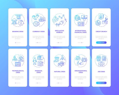 Mobil uygulama sayfasında kavramları olan bir dünya krizi var. Küresel problemler, acil durum tipleri beş aşamalı grafik talimatlar. RGB renk resimleriyle UI vektör şablonu
