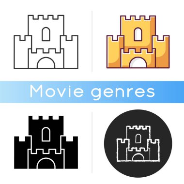 Fantezi film ikonu. Lineer siyah ve RGB renk stilleri. Hayali hikayeler ve efsaneler, popüler sinema türleri. Sihirli macera, peri masalı, masal. Ortaçağ kalesi izole vektör çizimleri