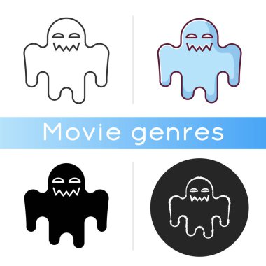 Korku filmi siyah kabartma ikonu. Korku filmi türü, tüyler ürpertici hayalet hikayesi silueti beyaz uzayda. Paranormal canavarların olduğu popüler sinema kategorisi. Ürkütücü hayalet vektör izole çizimi