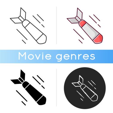 Savaş filmi ikonu. Lineer siyah ve RGB renk stilleri. Askeri filmler, ciddi tarihi diziler. Yaygın sinema tarzı, film yapma tarzı. Düşen bomba, izole edilmiş füze vektör çizimleri