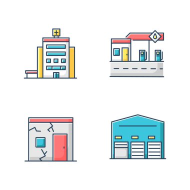 RGB renk simgeleri oluşturuluyor. Şehir hastanesi girişi. Benzin istasyonu manzaralı. Mahvolmuş gecekondu. Kokainli fakir bir ev. Kargo için depolama birimi. İzole vektör çizimleri