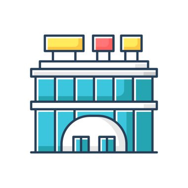 Alışveriş merkezi ön RGB renk simgesi. Şehir merkezi girişi. Çatısı tabela olan sanayi binası. Ticari bölüm girişi. İş kompleksi İzole vektör illüstrasyonu