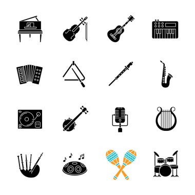 Orkestra enstrümanı siyah kabartma simgeleri beyaz uzaya ayarlandı. Canlı klasik müzik konseri. Orkestra performansı, telli çalgılar ve perküsyon. Siluet sembolleri. Vektör izole illüstrasyonu