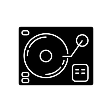 Turntablizm siyah kabartma simgesi. Parti için DJ ekipmanı. Şarkı mikseri elektronik teçhizatı. Kulüp dans müziği. Melodileri karıştırmak için konsol. Beyaz uzayda siluet sembolü. Vektör izole illüstrasyonu