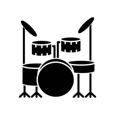 Davul seti siyah sembol. Canlı müzik grubu performansı için sahnede müzik aleti. Çan seslerini ve davulları bateri setinde çalın. Beyaz uzayda siluet sembolü. Vektör izole illüstrasyonu