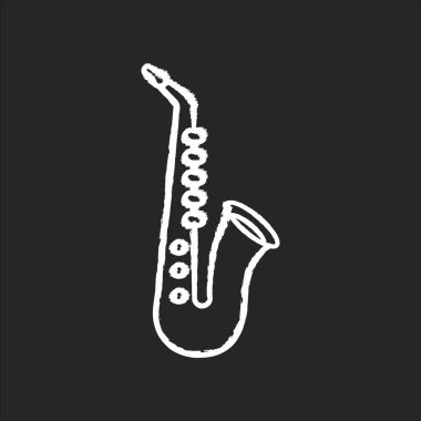 Siyah arkaplanda saksafon beyaz tebeşir simgesi. Blues çalmak için müzik aleti. Caz grubu canlı performans. Müzik festivali konseri ve eğlence. İzole edilmiş vektör karatahta çizimi