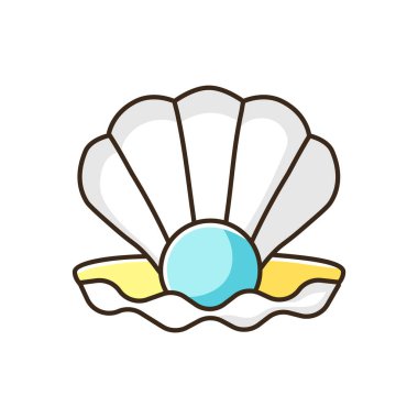 İnci RGB renk simgesi ile midyeyi aç. Kıymetli taşlı egzotik deniz kabuğu. Okyanus hatırası, konkoloji. Deniz tarağı kabuğu, istiridye, midye izole edilmiş vektör çizimi.