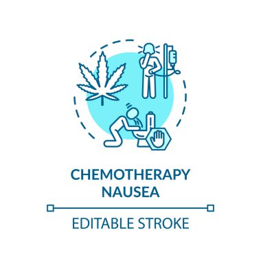 Kemoterapi bulantı konsepti ikonu. Onkoloji, narkotik ile kanser tedavisi ince çizgi çizimi. Hastalığı azaltmak için esrar kullanılıyor. Vektör izole edilmiş RGB renk çizimi. Düzenlenebilir vuruş