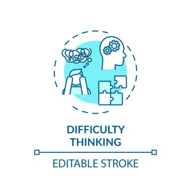 Düşünme zorluğu konsepti ikonu. Marihuana, psikoaktif uyuşturucu kullanımı fikri ince çizgi çizimi. Zihin odaklama, konsantrasyon sorunları. Vektör izole edilmiş RGB renk çizimi. Düzenlenebilir vuruş