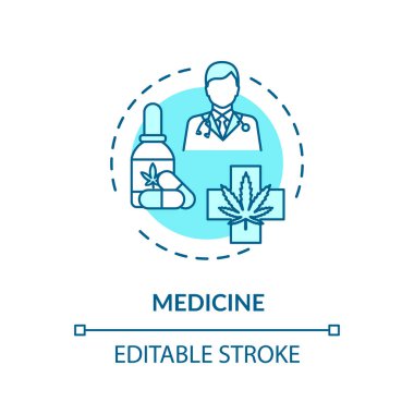 Tıp konsepti ikonu. Tıbbi marihuana, M.M.J. İnce çizgi çizimi kullanın. Esrarlı klinik tedavi, doktor reçetesi. Vektör izole edilmiş RGB renk çizimi. Düzenlenebilir vuruş