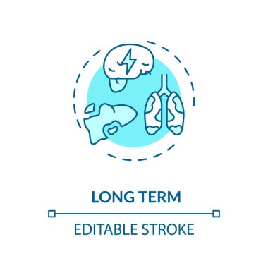 Uzun vadeli konsept ikonu. Esrar tehlikesi, ağır sağlık sorunları ince çizgi çizimi fikri. Marihuana beyin, karaciğer ve akciğer hastalıklarına neden oldu. Vektör izole edilmiş RGB renk çizimi. Düzenlenebilir vuruş