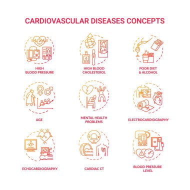 Cardiovascular diseases concept icons set. Heart illness, cardiac problems idea thin line RGB color illustrations. CVD factors and clinical diagnostics. Vector isolated outline drawings clipart