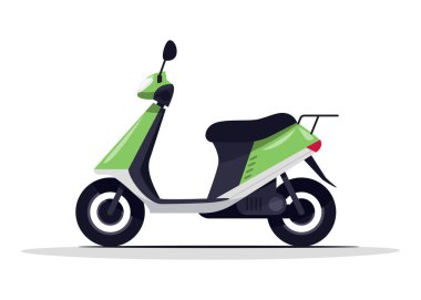 Yeşil scooter yarı düz RGB renk çizimi. İtalya seyahati için klasik elektrikli bisiklet. Motosiklet sürmek için şehir motosikleti. Kargo taşımacılığı beyaz arkaplanda izole edilmiş çizgi film nesnesi