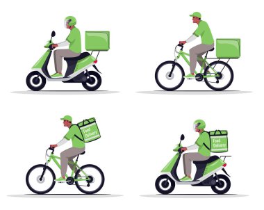 Paket taşıma aracı düz vektör çizimleri ayarlandı. Motosikletli Afrikalı bir adam. Yemek teslimatı yapan Amerikalı bir kurye. Yeşil üniformalı erkek bisikletli kurye karikatür bir karakter kiti.
