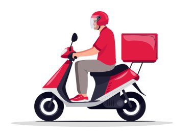 Şehir paketi teslimatı yarı düz RGB renk vektörü çizimi. Motosikletli gerekli servis elemanı. Beyaz arka planda kırmızı üniformalı beyaz erkek kurye izole edilmiş çizgi film karakteri.