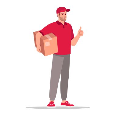 Kutu teslimatı yarı düz RGB renk çizimi. Karton bir paket taşıyan teslimatçı. Paketi olan bir işçi. Beyaz arka planda kırmızı üniformalı beyaz erkek kurye izole edilmiş çizgi film karakteri.