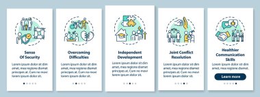 Ebeveynler ve çocuklar, mobil uygulama sayfa ekranında kavramlarla ilişki kuruyorlar. Aile desteği 5 aşamalı grafik talimatlar. RGB renk resimleriyle UI vektör şablonu