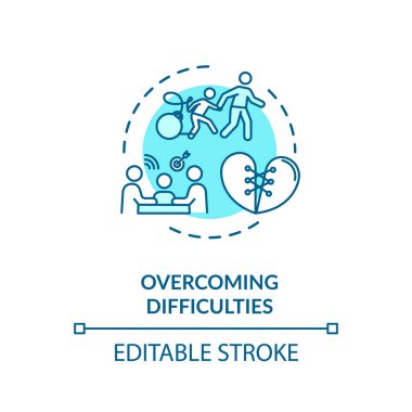 Zorluklar konsepti simgesinin üstesinden geliniyor. Ebeveynler çocuğa yardım ediyor. Aile duygusal destek fikri ince çizgi çizimi. Başarılı ebeveynlik. Vektör izole edilmiş RGB renk çizimi. Düzenlenebilir vuruş