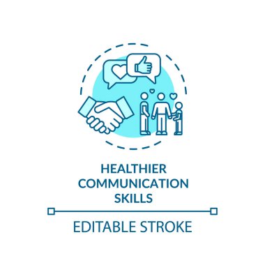 Daha sağlıklı iletişim becerileri konsepti ikonu. İnsanlar konuşuyor. En iyi arkadaş sohbeti. İş anlaşması fikri ince çizgi çizimi. Vektör izole edilmiş RGB renk çizimi. Düzenlenebilir vuruş