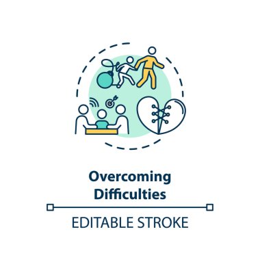 Zorluklar konsepti simgesinin üstesinden geliniyor. Ebeveynler çocuğa yardım ediyor. Aile duygusal destek fikri ince çizgi çizimi. Sorun çözme. Vektör izole edilmiş RGB renk çizimi. Düzenlenebilir vuruş
