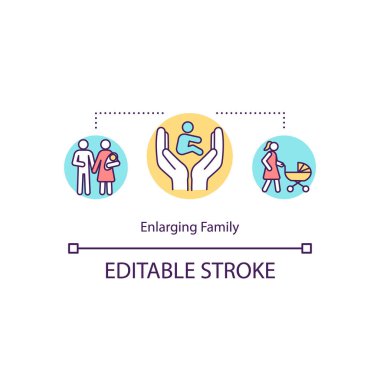 Aile kavramı ikonu büyütülüyor. Çocuk doğurma ve evlat edinme fikri ince çizgili. Aile genişliyor, çocuklar da dahil. Vektör izole edilmiş RGB renk çizimi. Düzenlenebilir vuruş