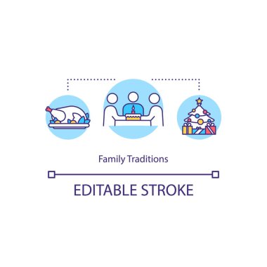 Aile gelenekleri konsepti ikonu. Tatilleri ince çizgili resimlerle kutluyoruz. Aile üyeleriyle geleneksel akşam yemeği. Vektör izole edilmiş RGB renk çizimi. Düzenlenebilir vuruş