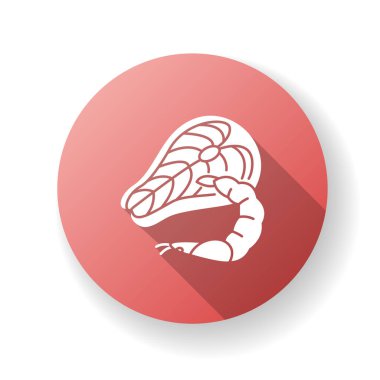 Deniz ürünleri kırmızı düz dizayn, uzun gölge sembolü. Ton balıklı biftek. Taze karides. Akdeniz mutfağı. Yemek tarifi malzemesi. Kaliteli kabuklu deniz hayvanı. Siluet RGB renk çizimi