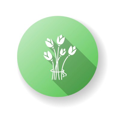 Çiçekler yeşil düz dizayn, uzun gölge sembolü. Selamlamak için buket. Romantik hediye. Sevgililer günü hediyesi. Çiçek açan laleler. Çiçek dükkanı. Çiçek teslimatı. Siluet RGB renk çizimi