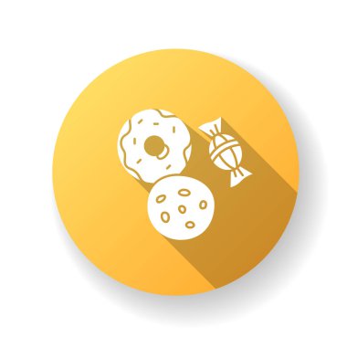 Kurabiye ve şeker sarısı düz dizayn uzun gölge sembolü. Şeker ürünleri. Kremalı çörek. Fırın malları. Lezzetli ikramlar. Lezzetli tatlı. Şekerci dükkanı. Siluet RGB renk çizimi