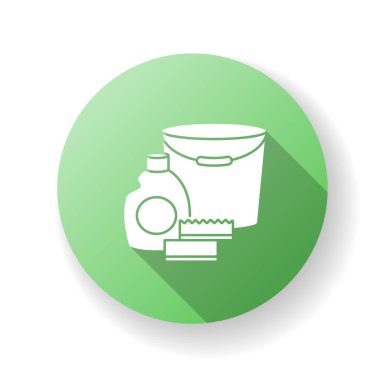 Temizlik malzemesi yeşil düz tasarım uzun gölge simgesi. Temizlik için Deterjan. Şişede dezenfektan. Bulaşık kovası. Ev işleri için kimyasal madde. Siluet RGB renk çizimi