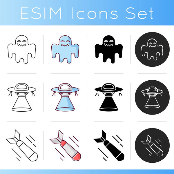 Common movie categories icons set. Linear, black and RGB color styles. Popular cinematography genres, filmmaking styles. Science fiction, horror films and war dramas. Isolated vector illustrations