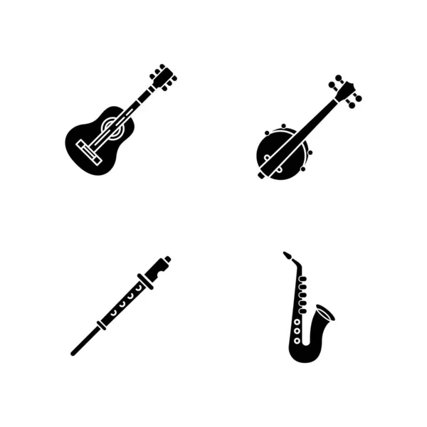 Оркестровые Музыкальные Инструменты Черные Глифы Установленные Белом Пространстве Акустическая Гитара — стоковый вектор