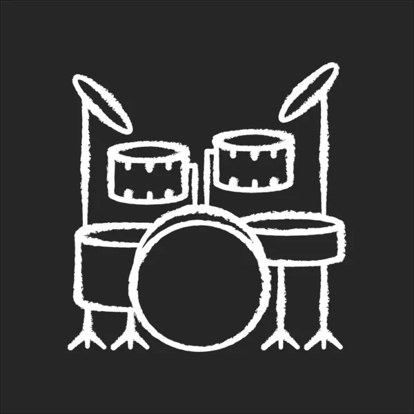 鼓包粉笔白色图标黑色背景 舞台上的乐器 为现场乐队表演 鼓声中的撞击声和鼓声 孤立的矢量黑板插图 — 图库矢量图片