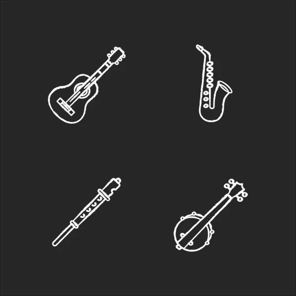 Instrumentos Musicales Orquestales Tiza Iconos Blancos Sobre Fondo Negro Guitarra — Vector de stock