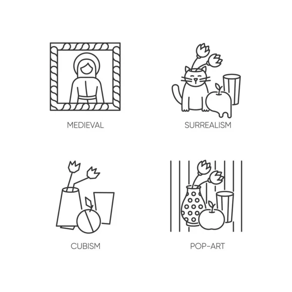 Art Movements Pixel Perfect Linear Icons Set Medieval Portrait Pop — Stock Vector