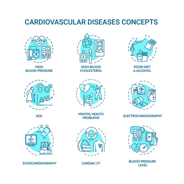 Set Icone Del Concetto Malattia Cardiovascolare Malattia Cardiaca Problemi Cardiaci — Vettoriale Stock