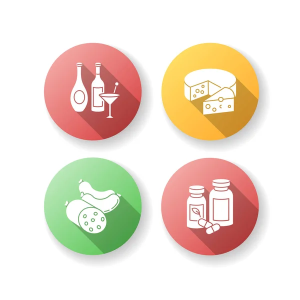 Conjunto Iconos Glifo Sombra Largo Diseño Plano Artículos Alimentación Vino — Vector de stock