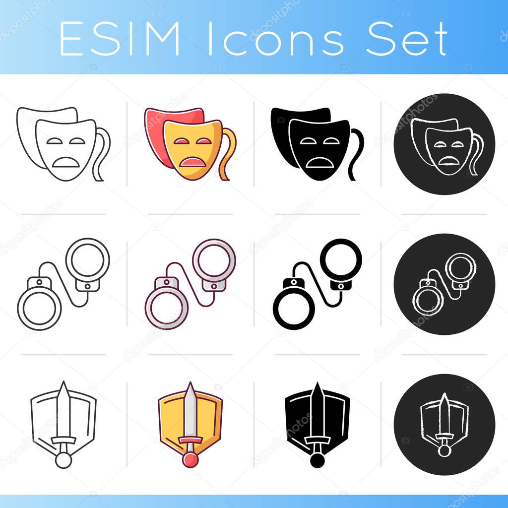 Cinema genres icons set. Linear, black and RGB color styles. Common movie categories, popular cinematography types. Serious drama, criminal detective and historical epic. Isolated vector illustrations
