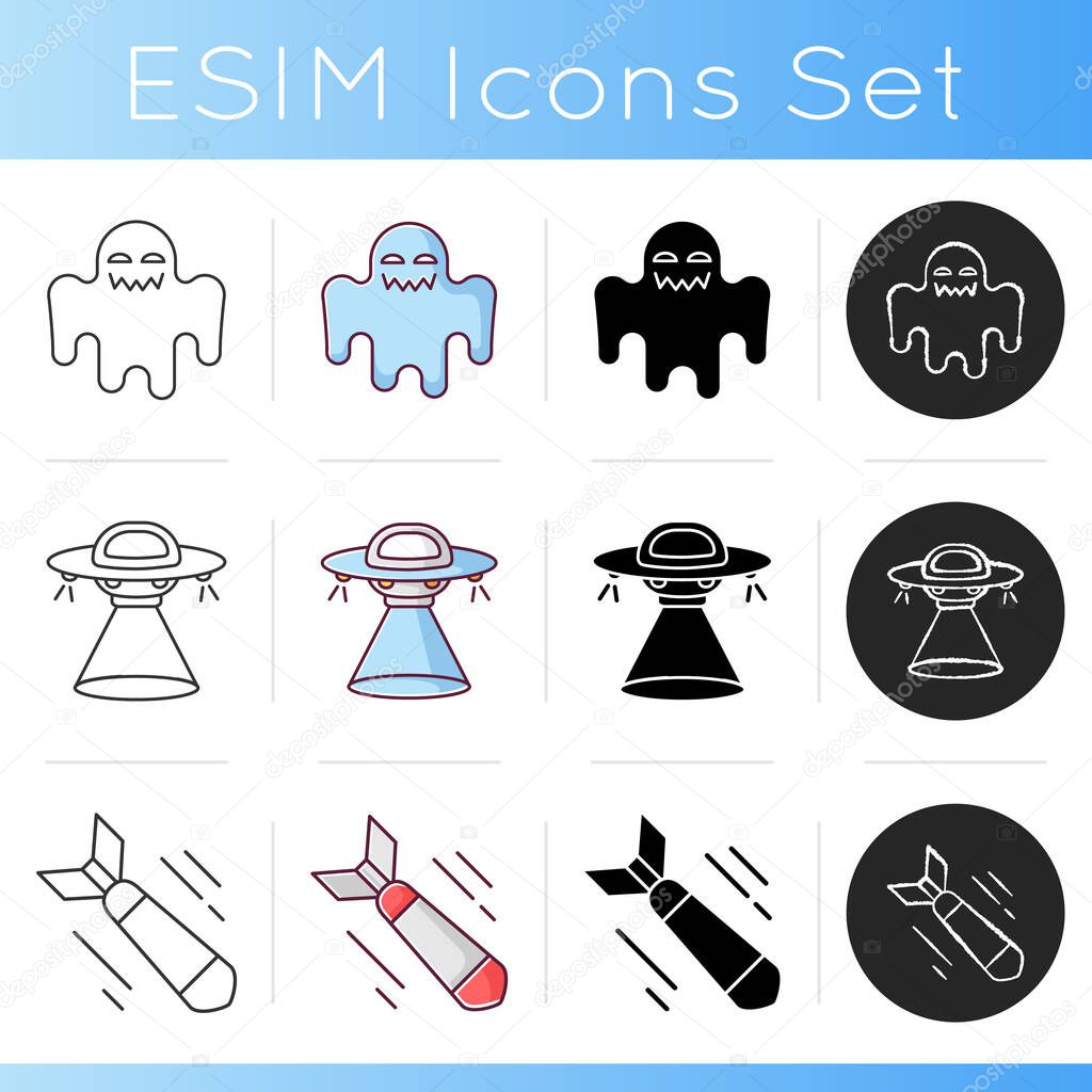 Common movie categories icons set. Linear, black and RGB color styles. Popular cinematography genres, filmmaking styles. Science fiction, horror films and war dramas. Isolated vector illustrations